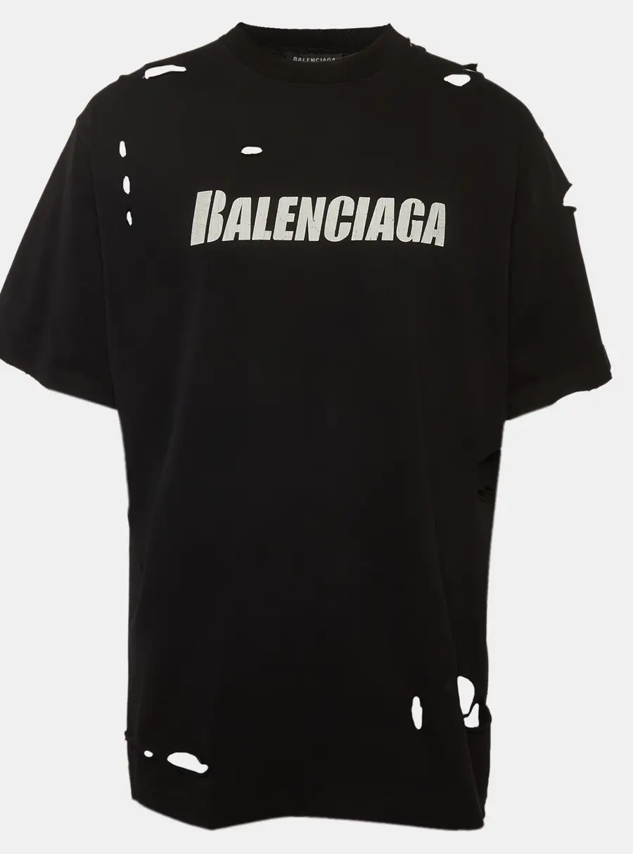 Balenciaga Unifit Black Logo Print Jersey Distressed T-Shirt XXS