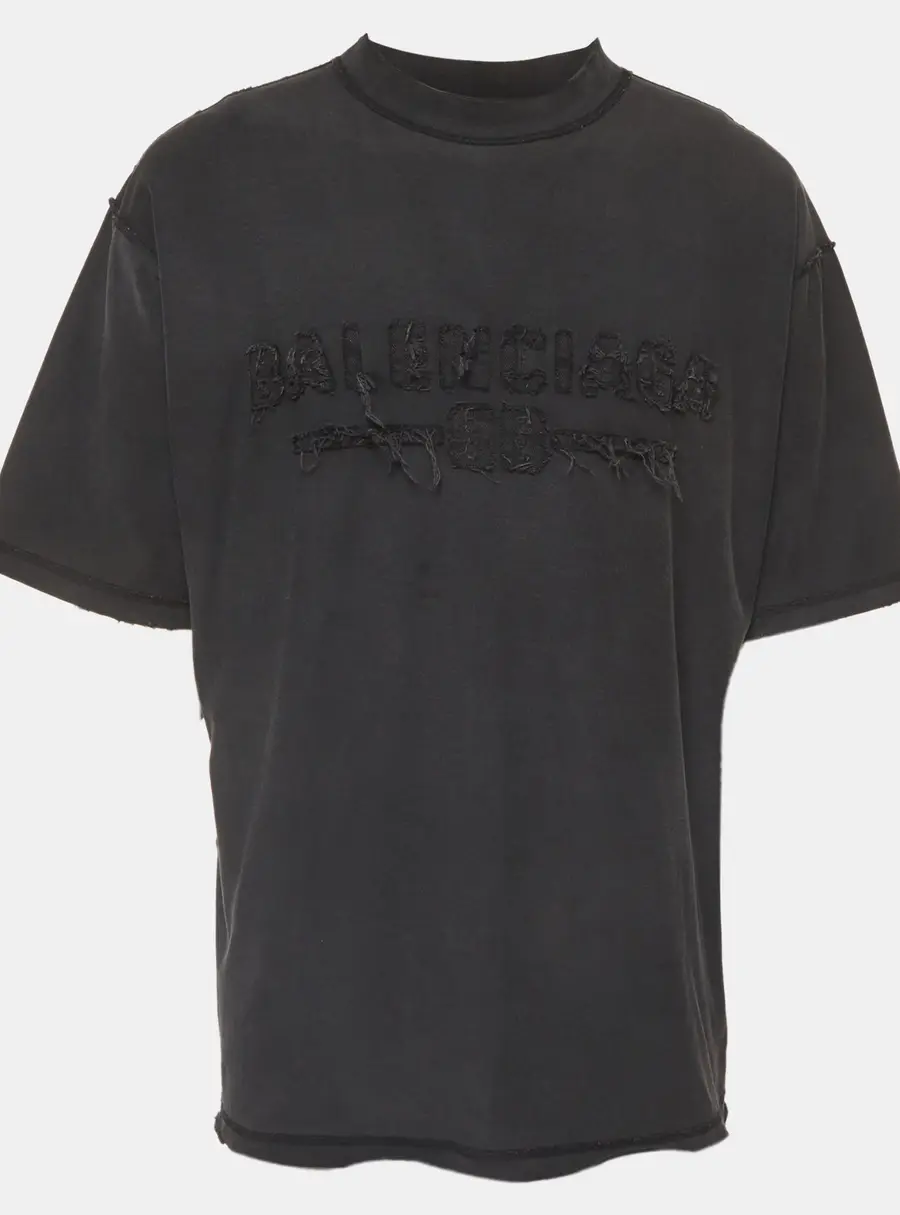 Balenciaga Unisex Black Logo Embossed Jersey Distressed T-Shirt M