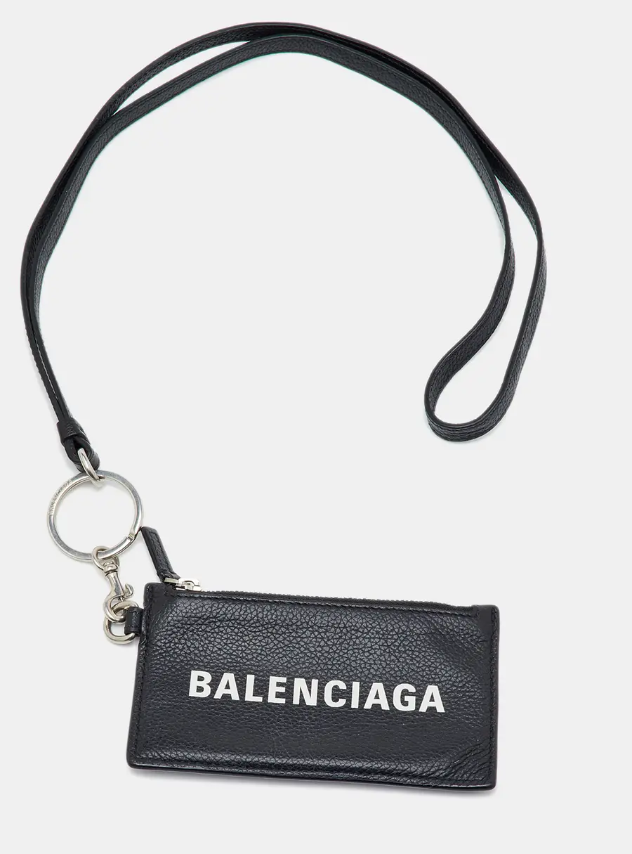 Balenciaga Black Leather Card Holder Lanyard