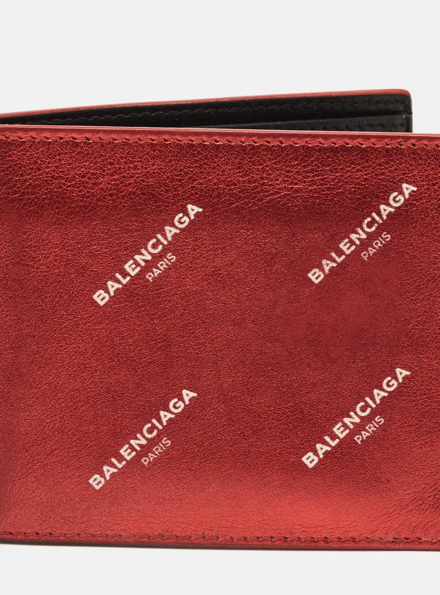 Balenciaga All Over Logo Metallic Red Leather Bifold Wallet