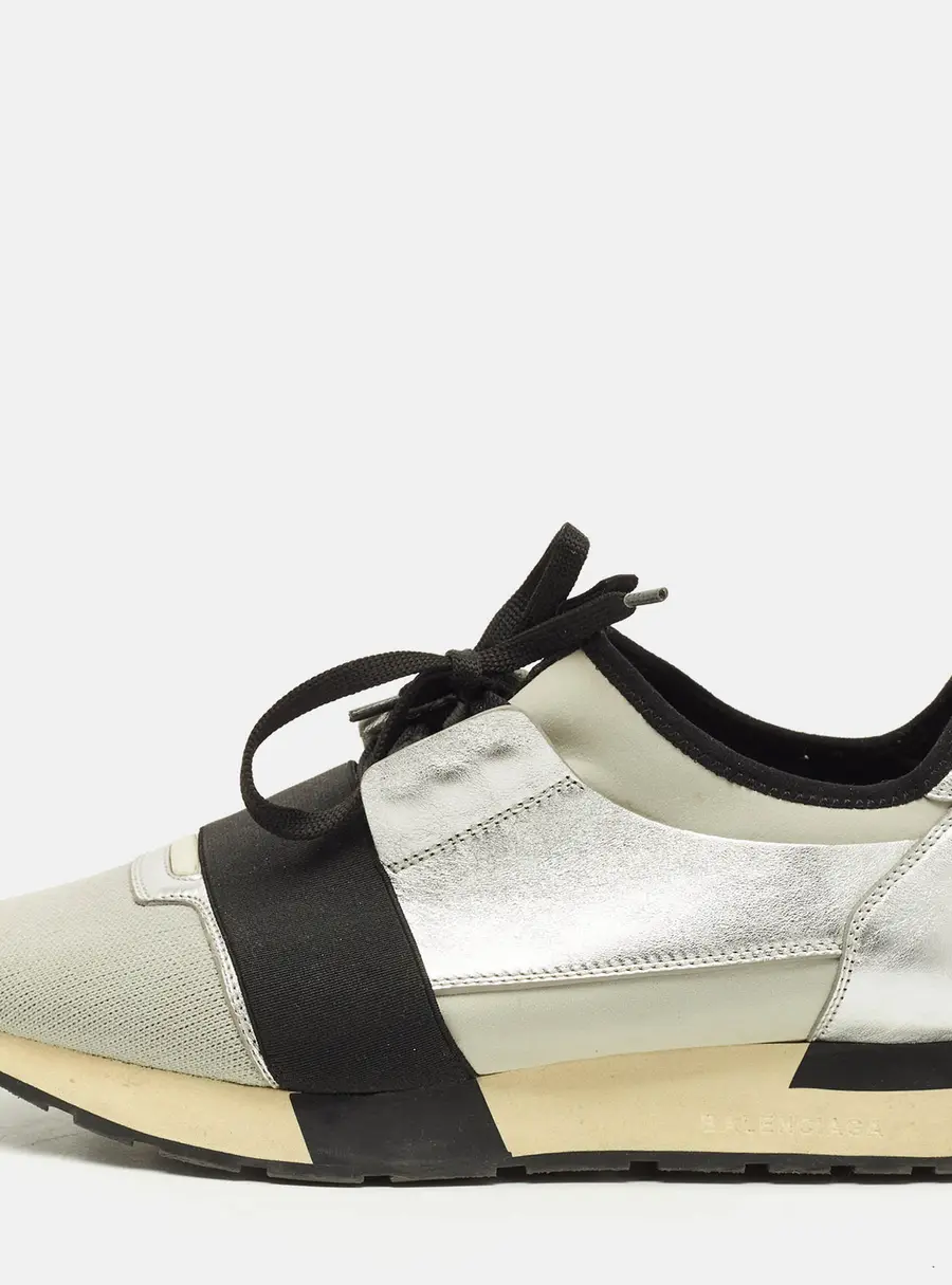 Balenciaga Race Runner Size 41 Silver/Black Knit Fabric and Leather Low Top Sneakers
