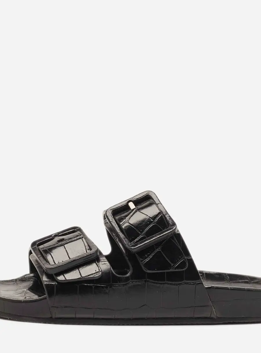 Balenciaga Mallorca Size 40 Black Croc Embossed Leather Banded Buckle Flat Slide