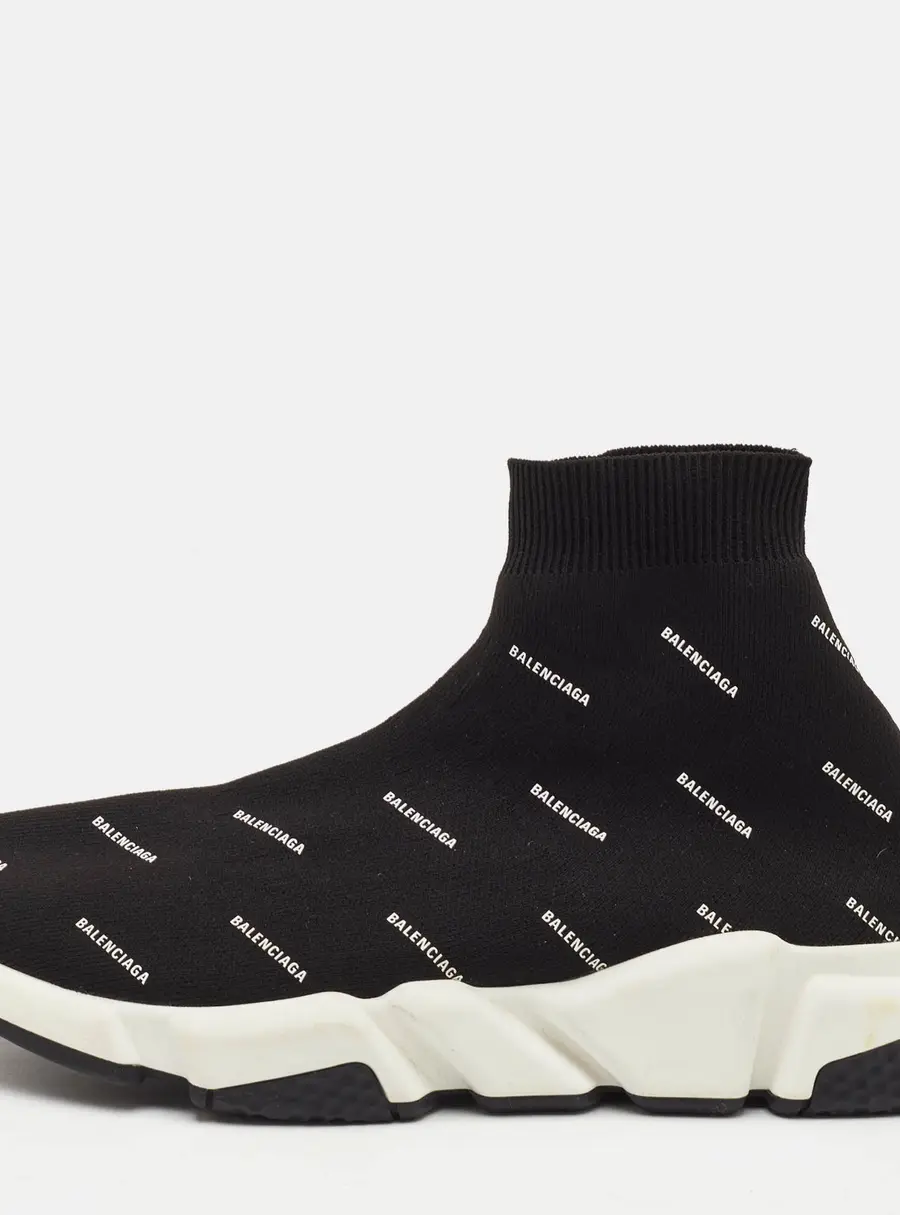 Balenciaga Speed Trainer Size 42 Black Knit Fabric Logo Print Slip On Sneakers