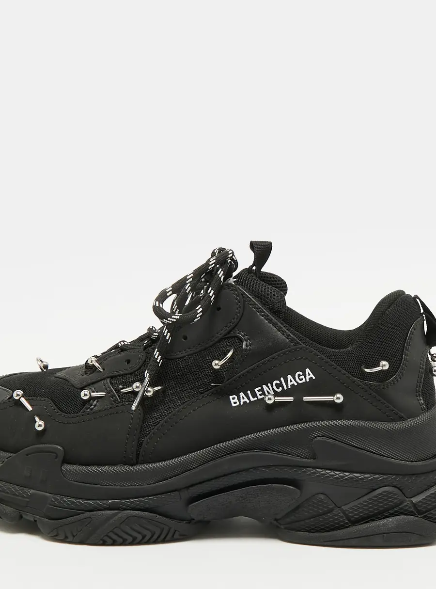 Balenciaga Triple S Piercings Size 44 Black Mesh and Faux Leather Low Top Sneakers