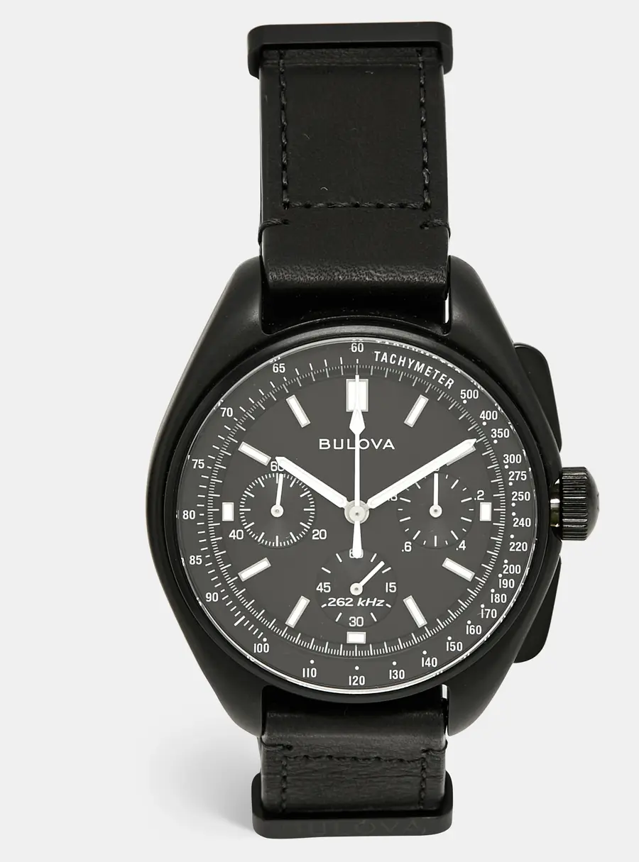 Bulova Lunar Pilot Dark Side Special Edition 98A186 Black Dial Ion Plated Stainless Steel Leather Men's Wristwatch 45 mm