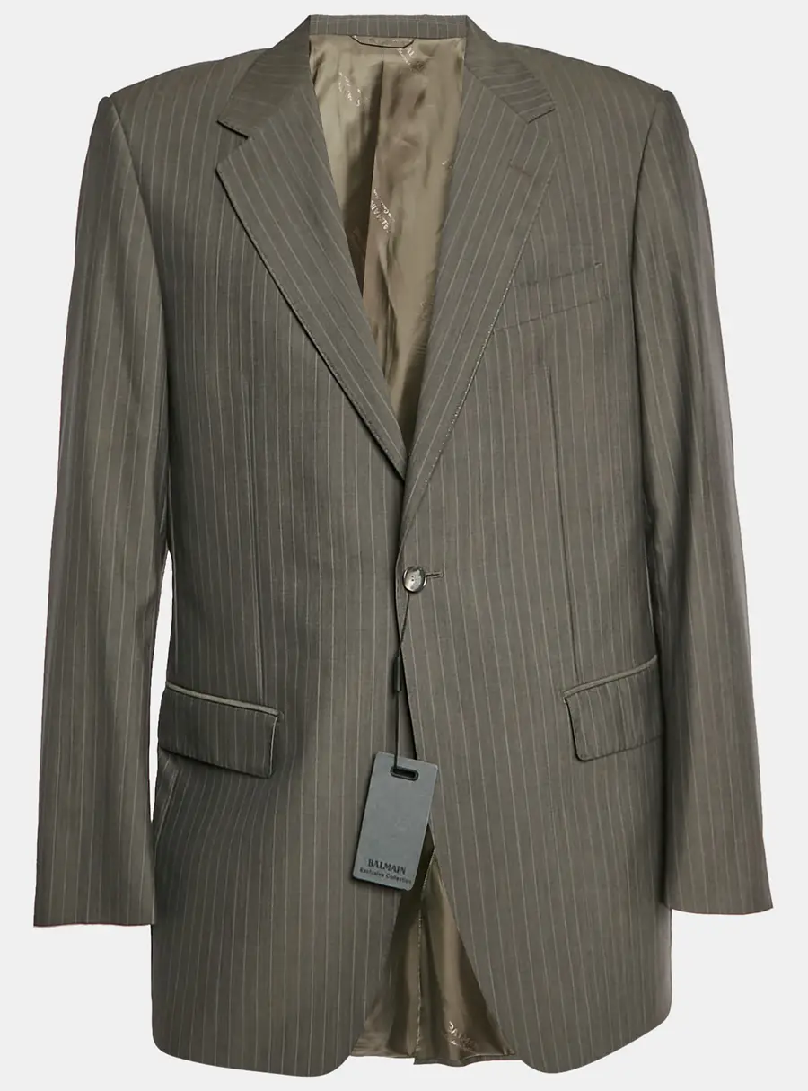 Balmain Grey Pin Striped Wool Single Breasted Blazer L
