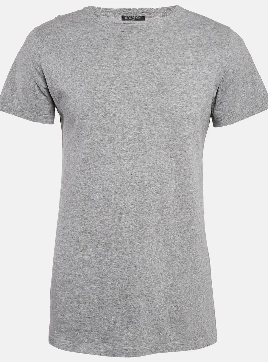 Balmain Grey Cotton Crew Neck Distressed T-Shirt M