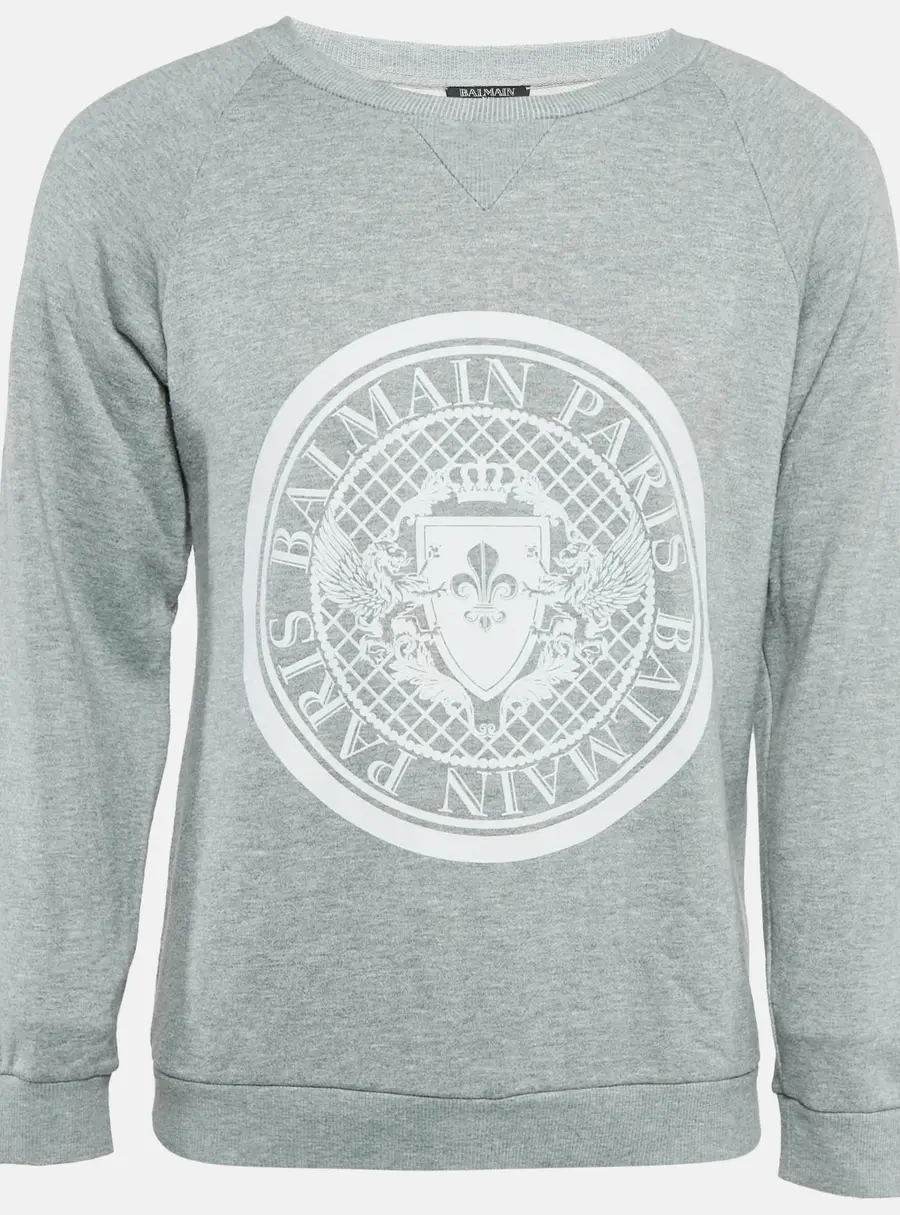 Balmain Grey Printed Cotton Crewneck Sweatshirt XS