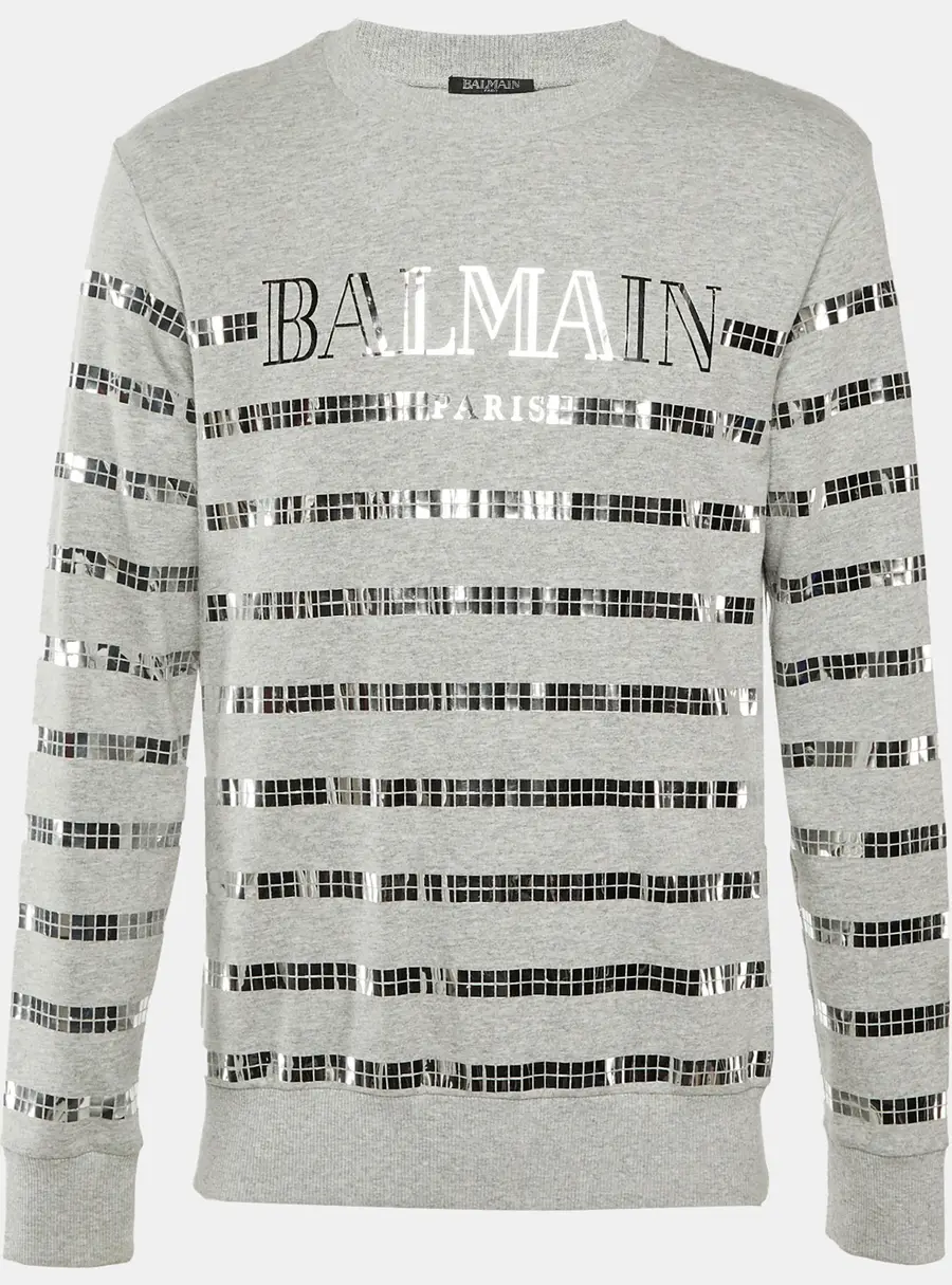 Balmain Grey Metallic Logo Print Cotton Crew Neck Sweatshirt S