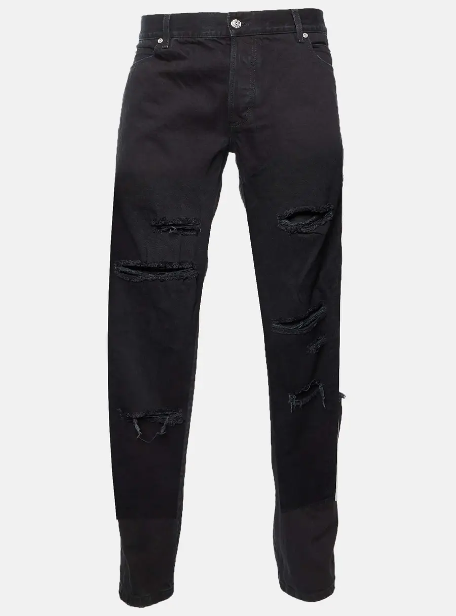 Balmain Black Distressed and Ripped Denim Straight Jeans M/Waist 34"