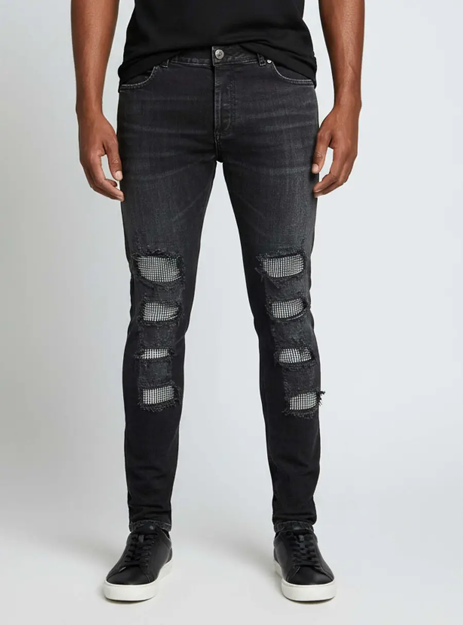 Balmain Black Crystal Embellished Distressed Denim Jeans L/Waist 34"