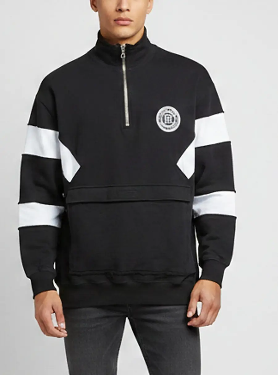Balmain Black Contrast Stripe Cotton Knit Half Zip Sweatshirt L