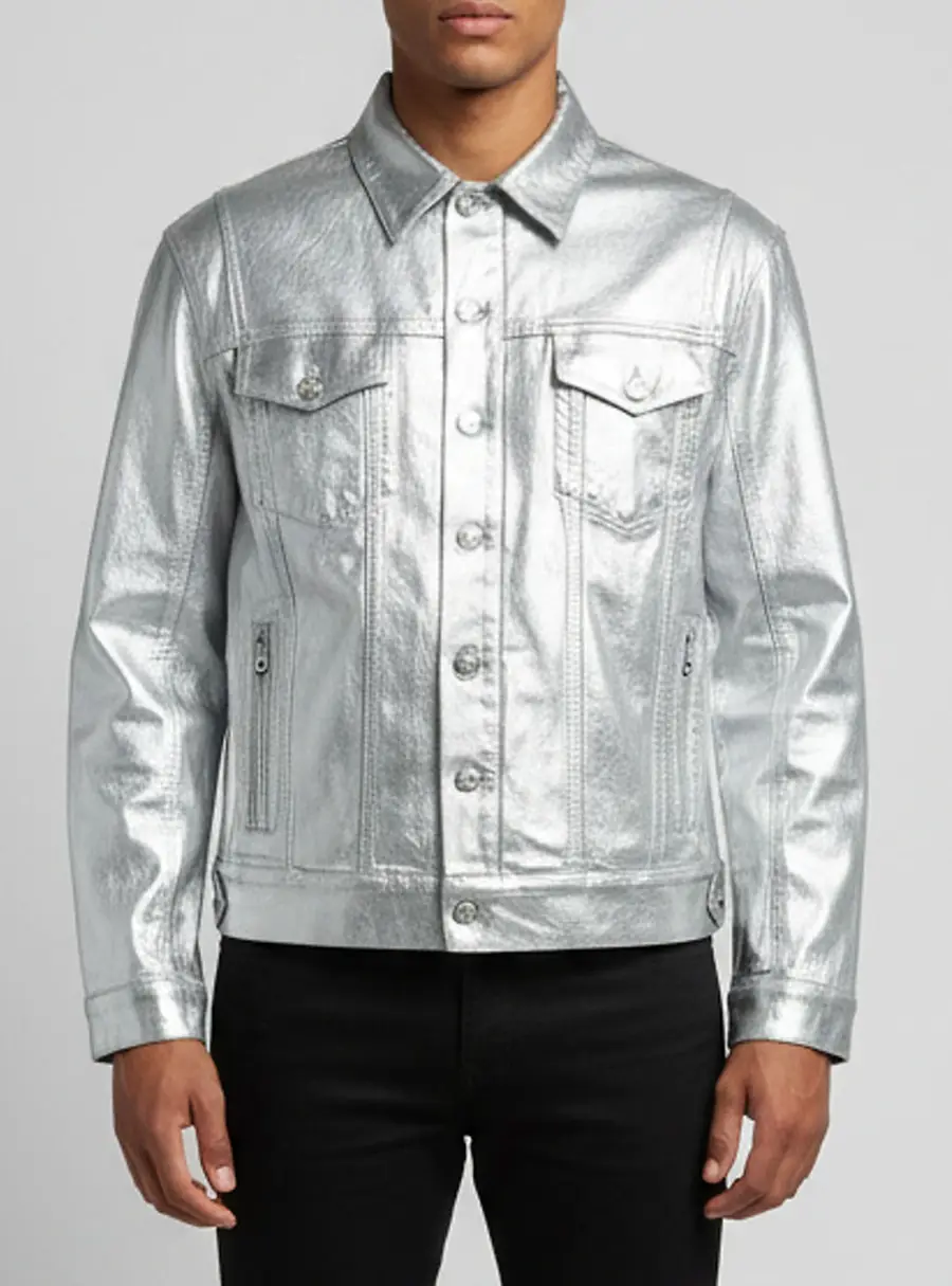 Balmain Silver Wide Metallic Denim Button Up Jacket XL