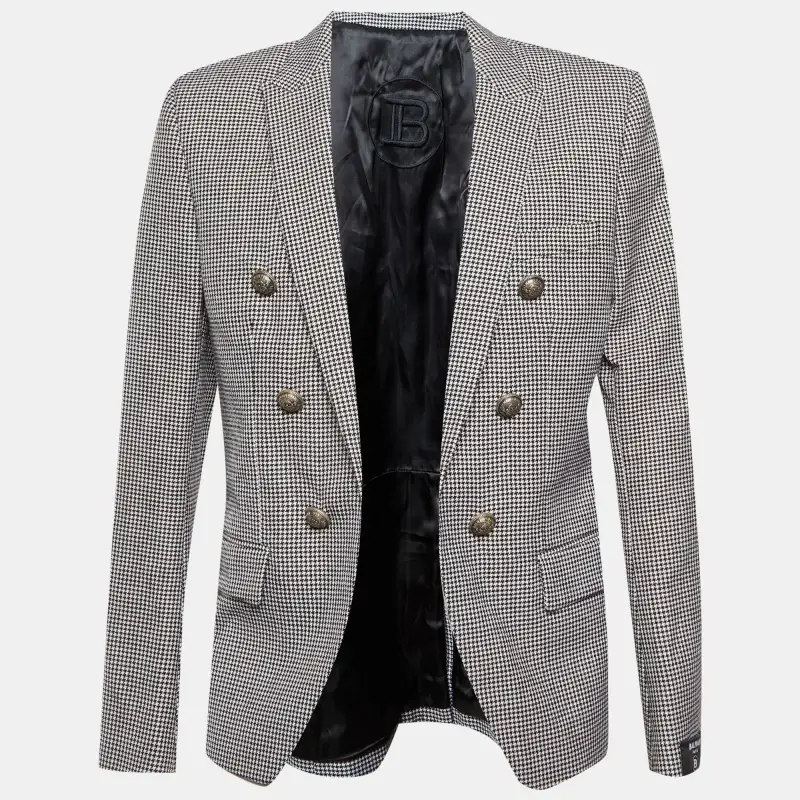 Balmain Black/White Houndstooth Wool Open Front Blazer XL