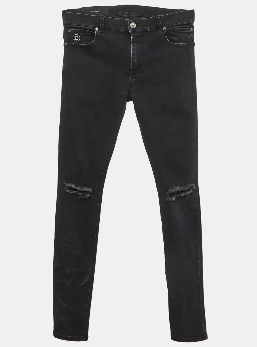 Balmain Black Distressed Denim Ultra Skinny Jeans S/Waist 31"