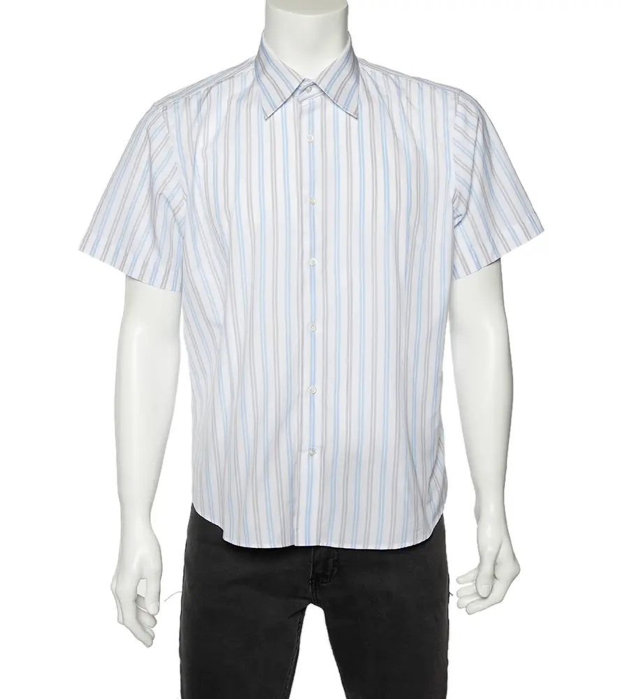Balmain White Striped Cotton Short Sleeve Shirt L