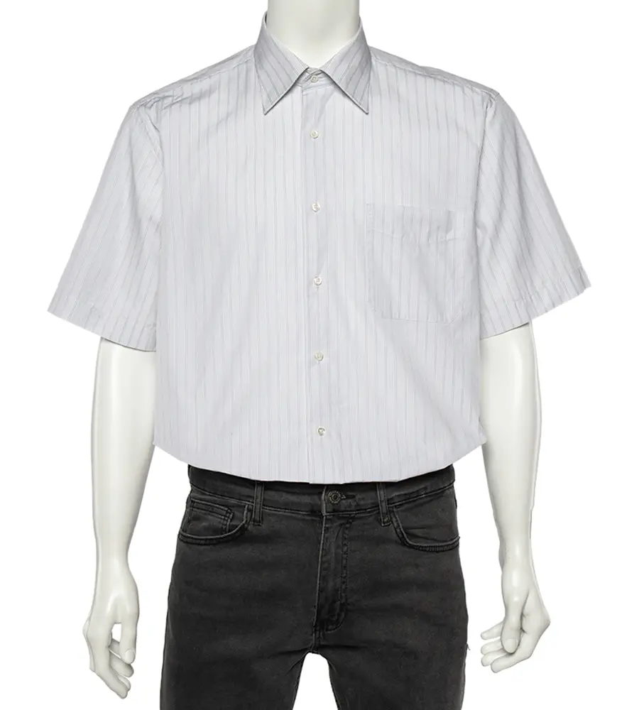 Balmain White Striped Cotton Short Sleeve Shirt L