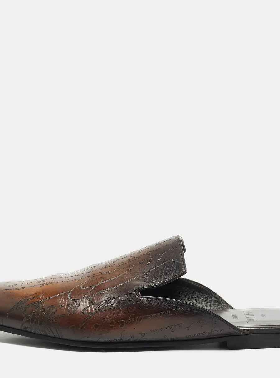 Berluti Eden Scritto Size 45.5 Brown Leather Mules