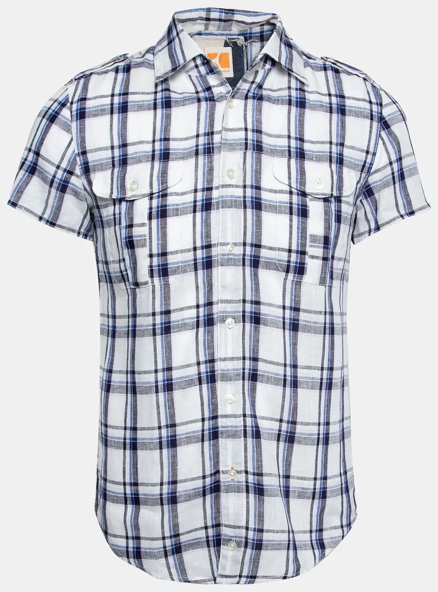 Boss Orange by Hugo Boss White and Blue Check Print Linen Short Sleeves Shirt S