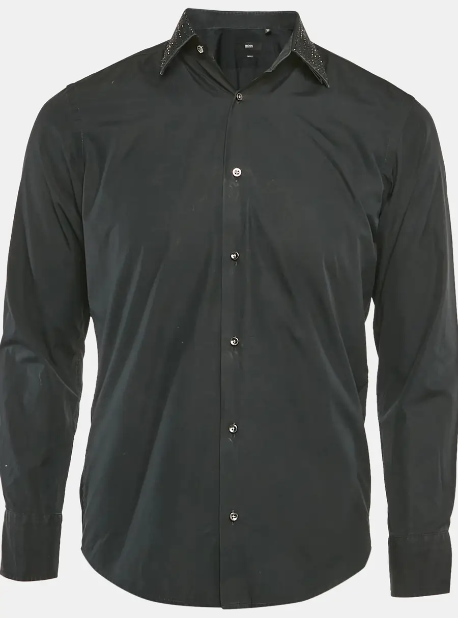 Boss By Hugo Boss Black Two Ply Cotton Collar Embellished Shirt S