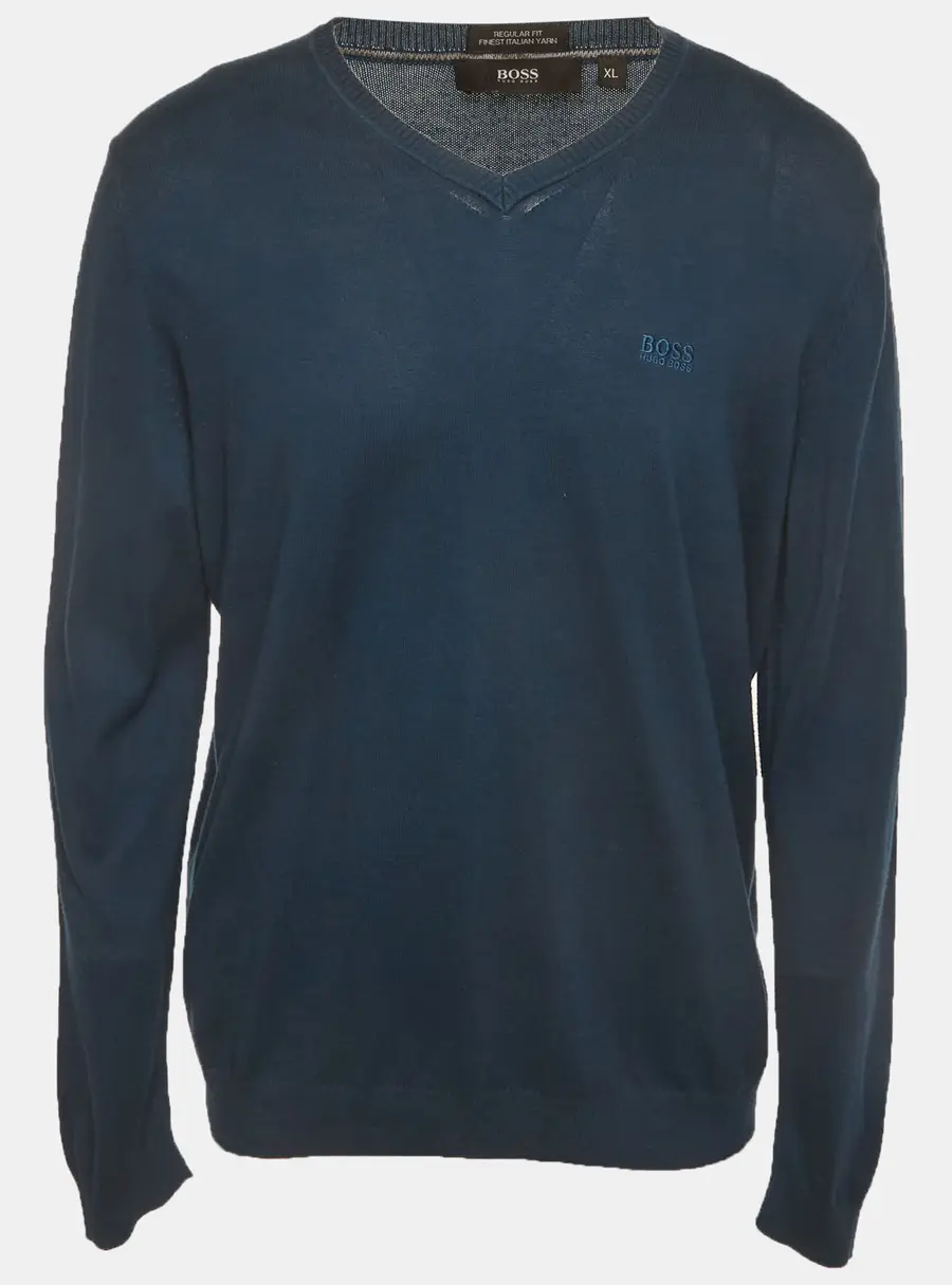 Hugo Boss Navy Blue Wool Knit V-Neck Sweater XL