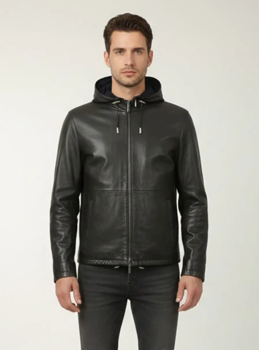 Boss By Hugo Boss Dark Green Leather Reversible Hoodie Jacket S