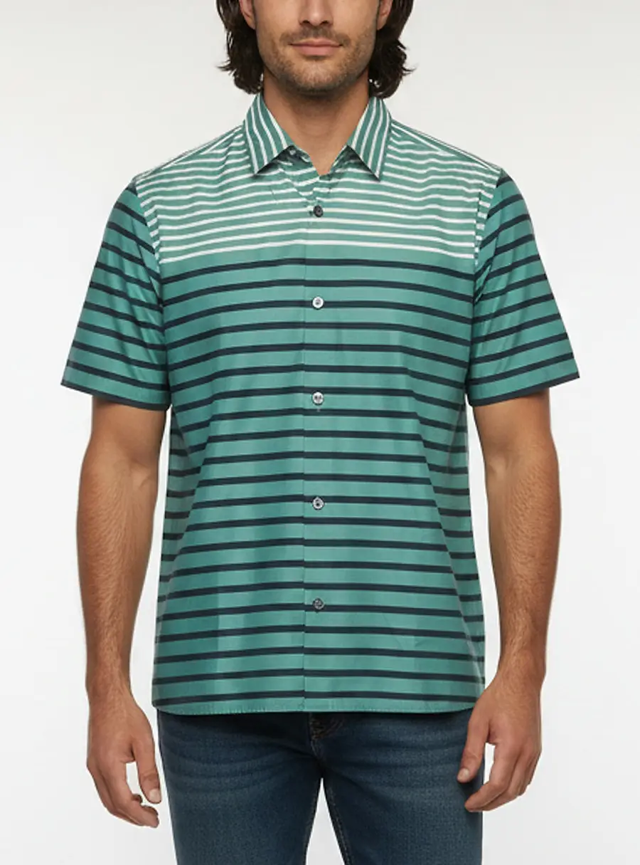 Boss By Hugo Boss Green Striped Poplin Short-Sleeve Lukka Shirt L