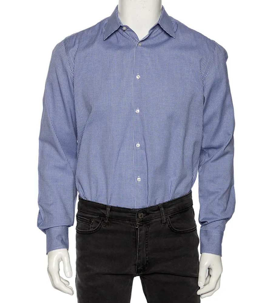 Boss By Hugo Boss Blue Check Cotton Button Front Slim Fit Shirt M