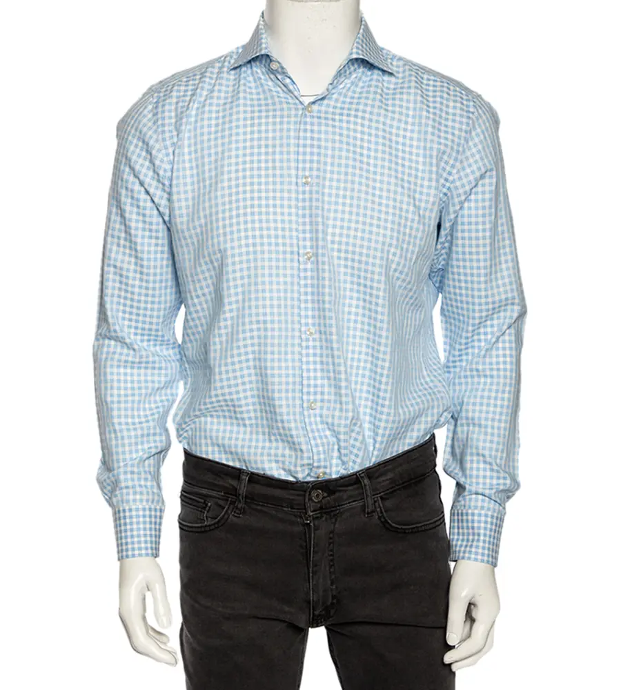 Boss Hugo Boss Blue Checkered Cotton Slim Fit Shirt M
