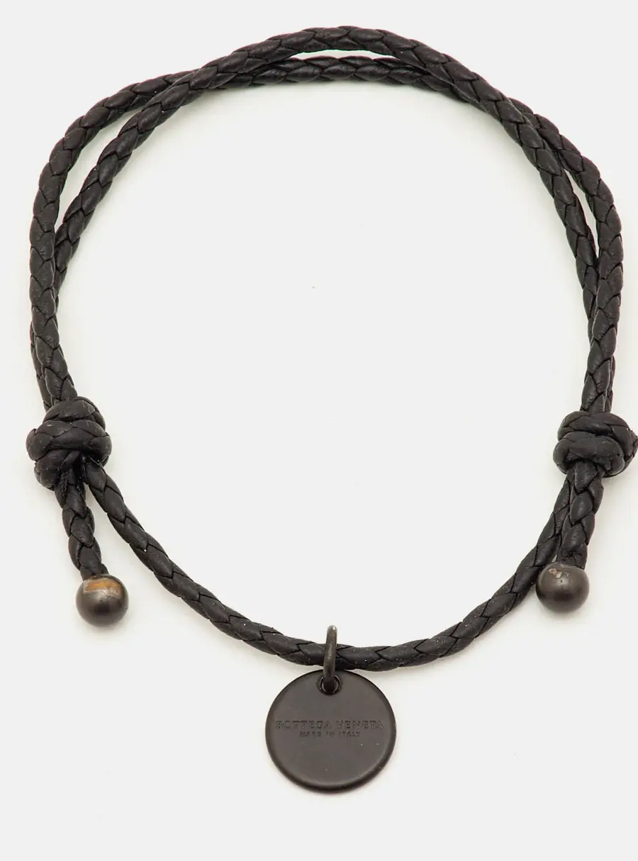 Bottega Veneta Braided Leather Gunmetal Tone Adjustable Bracelet