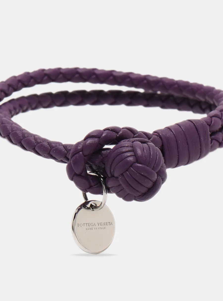 Bottega Veneta Intrecciato Purple Double Knot Leather Silver Tone Bracelet M