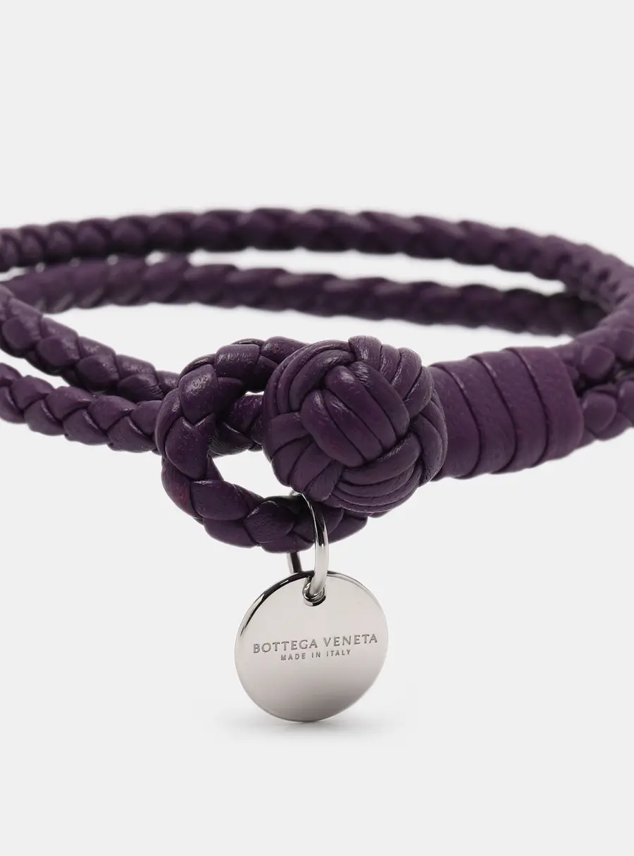Bottega Veneta Intrecciato Purple Double Knot Leather Silver Tone Bracelet