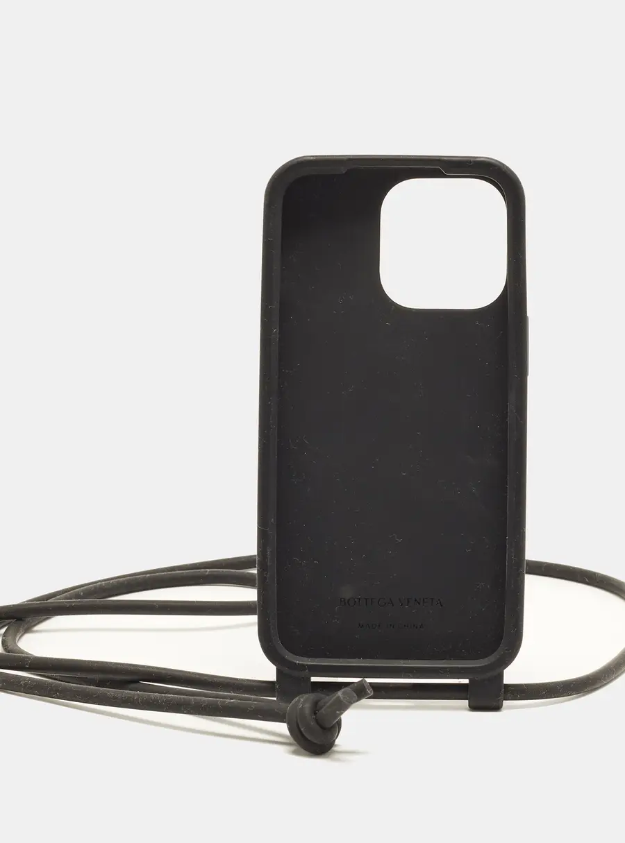 Bottega Veneta Black Intrecciato Rubber Silicone iPhone 14 Pro Case on Strap