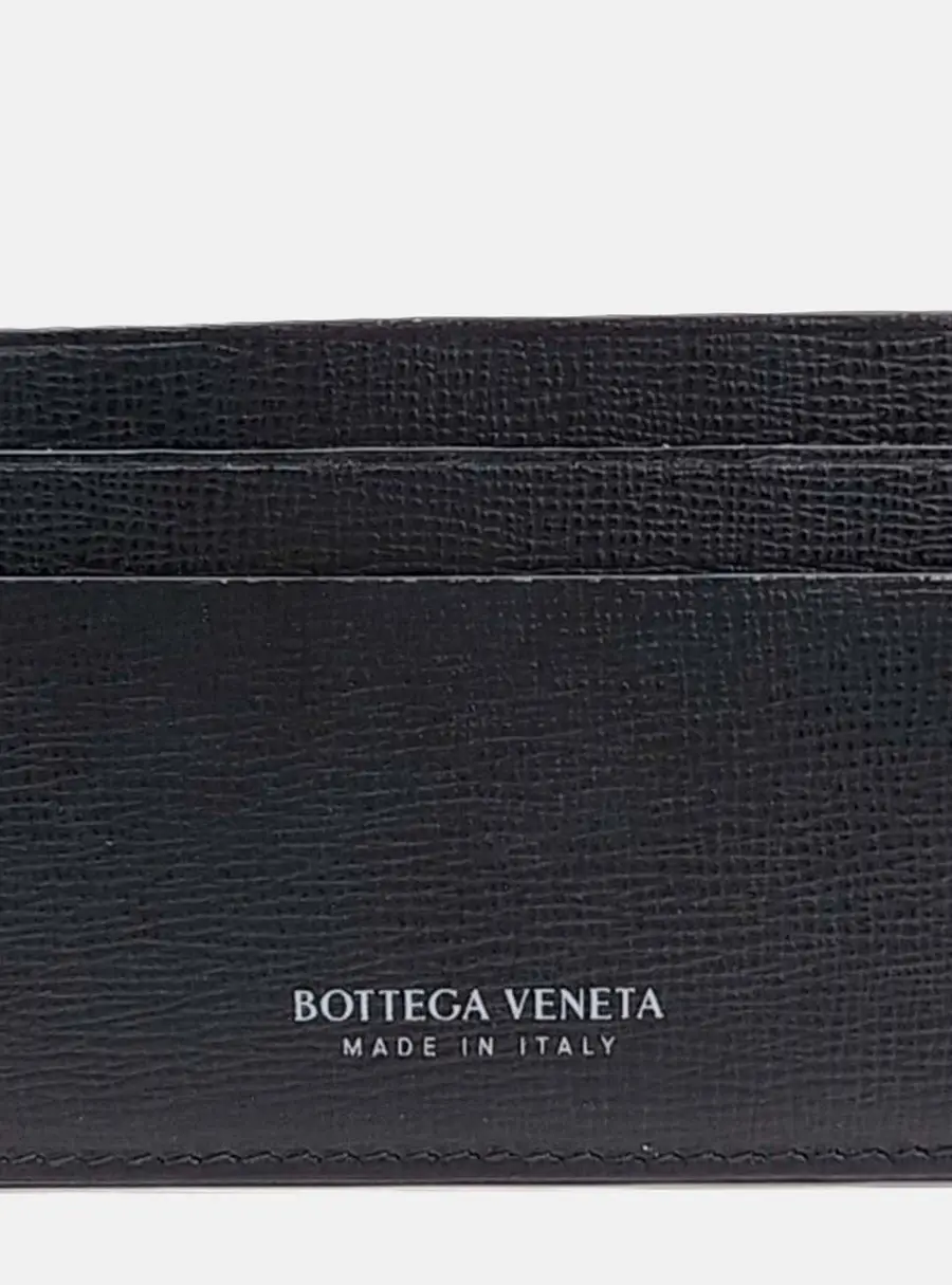 Bottega Veneta Logo Printed Black Grained Leather Card Case Bag