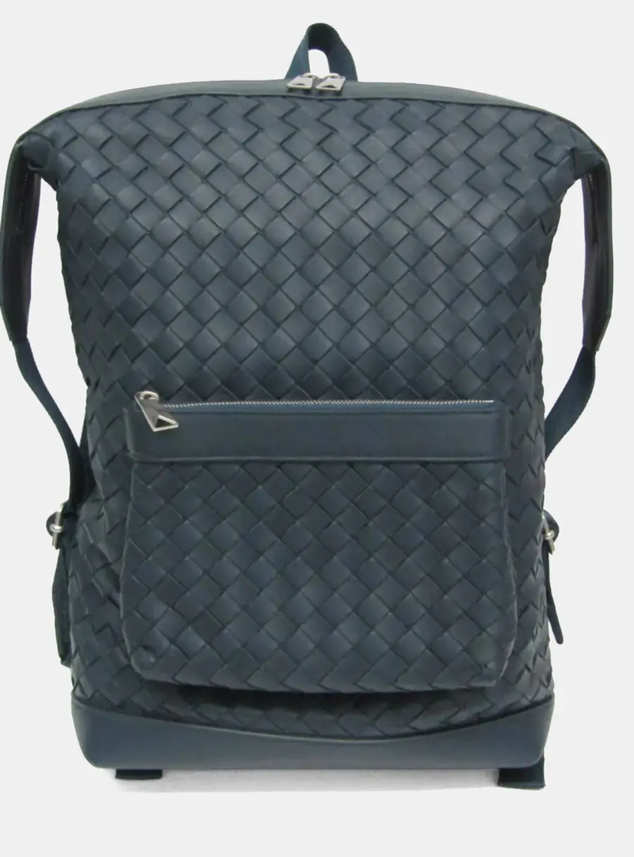 Bottega Veneta Intrecciato Backpack Navy Blue Lambskin Leather Backpack Bag