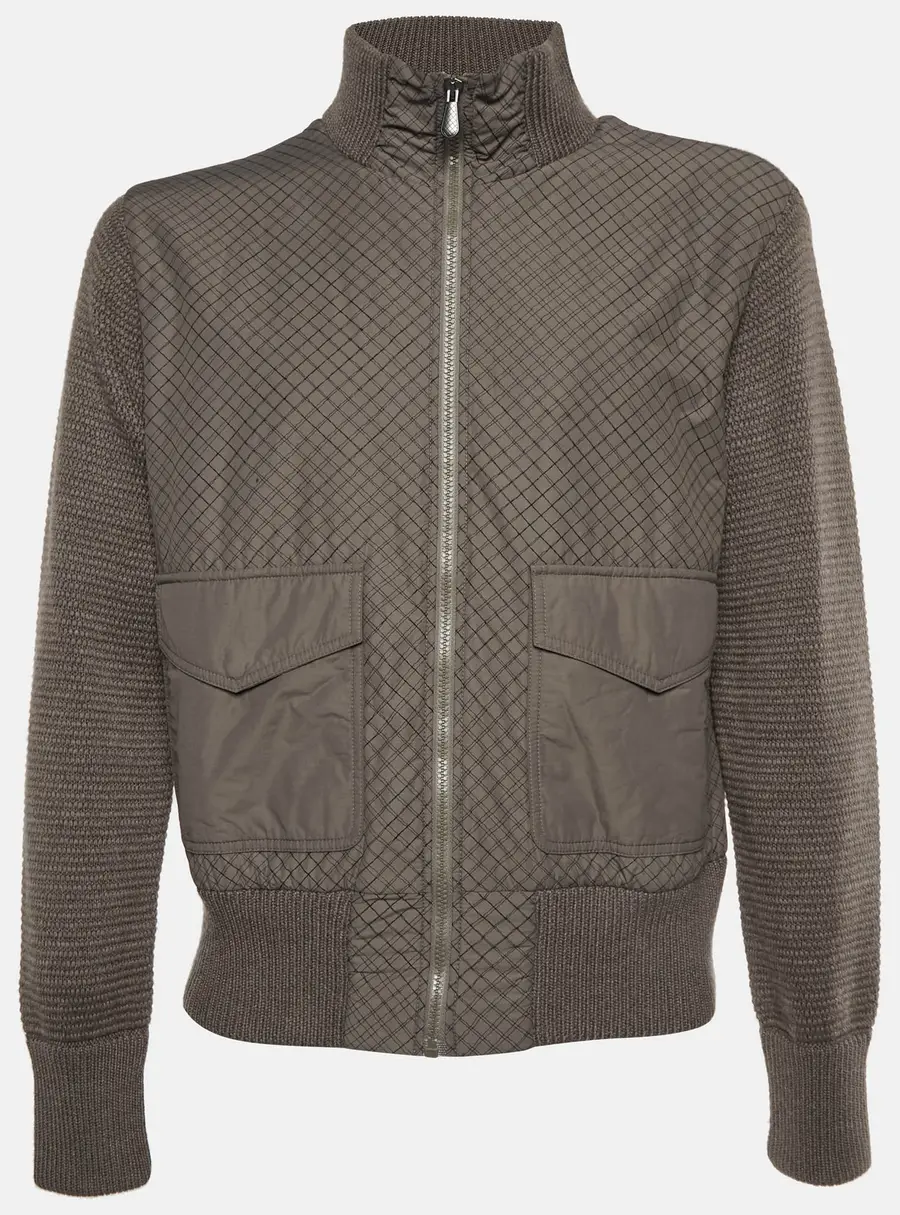Bottega Veneta Grey Printed Nylon and Wool Knit Zip Up Jacket L