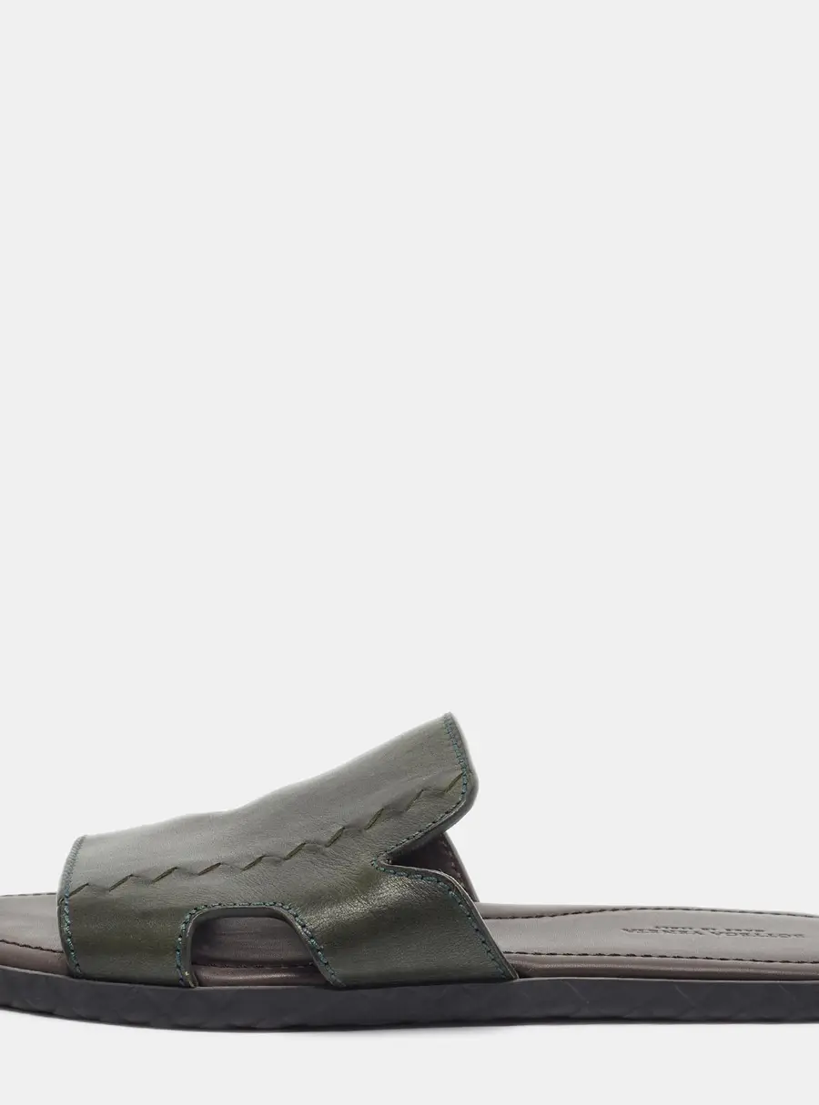 Bottega Veneta Size 42 Green Leather Zig Zag Inlay Detail Plage Flat Slide