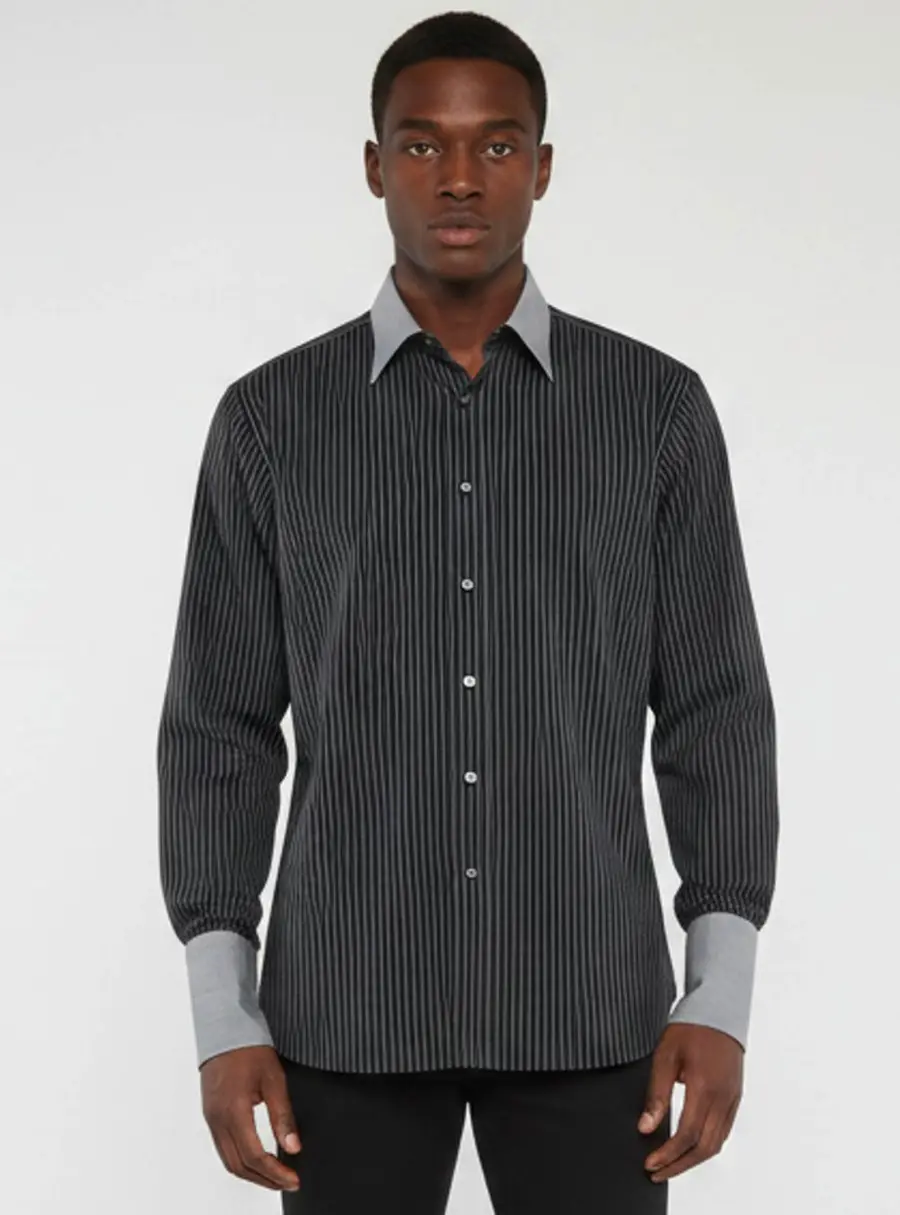 Brioni Grey Pin Striped Cotton Long Sleeve Shirt XXL