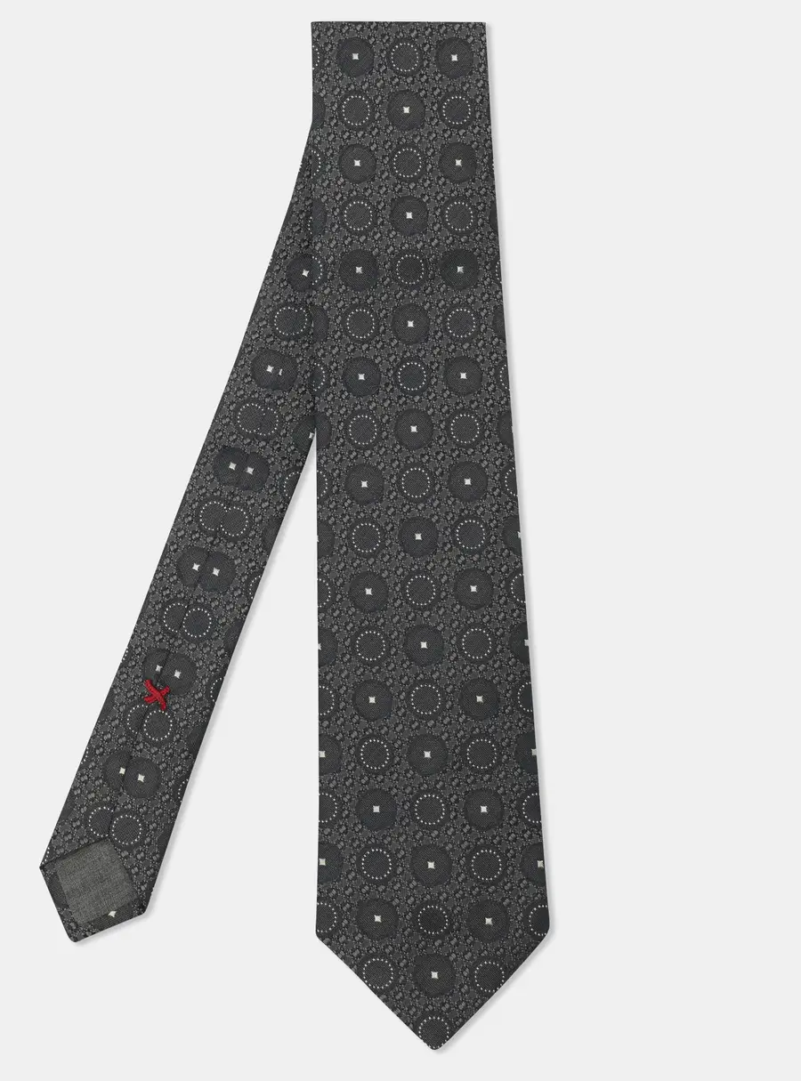 Brunello Cucinelli Grey Motif Embroidered Silk Neck Tie