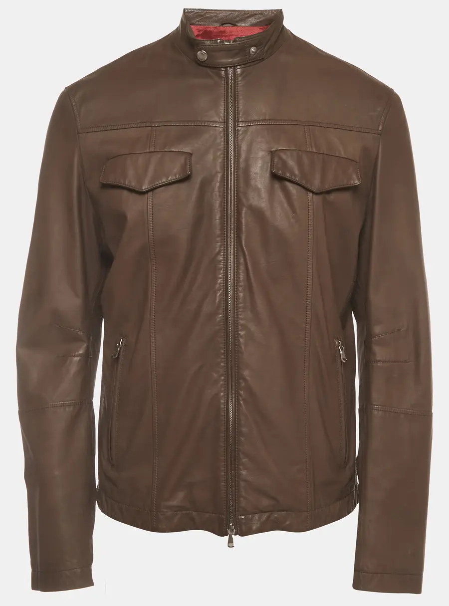 Brunello Cucinelli Brown Leather Zip-Up Biker Jacket L