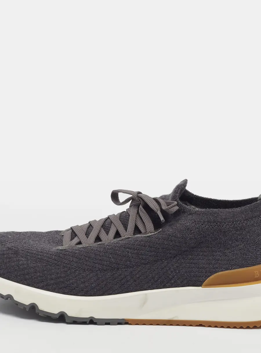 Brunello Cucinelli Size 44 Grey Knit Fabric and Leather Low Top Sneakers
