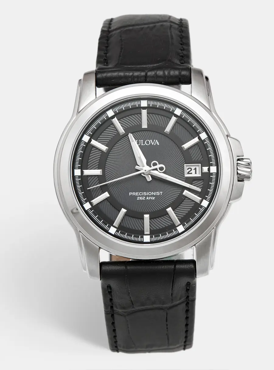 Bulova Precisionist 96B158 Black Dial Stainless Steel Leather Men's Wristwatch 43 mm