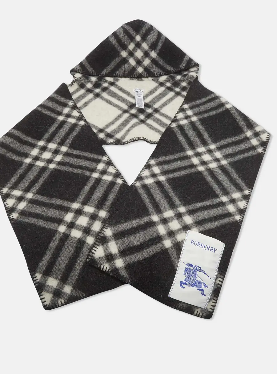 Burberry Grey Check Patterned Wool Hooded Scarf