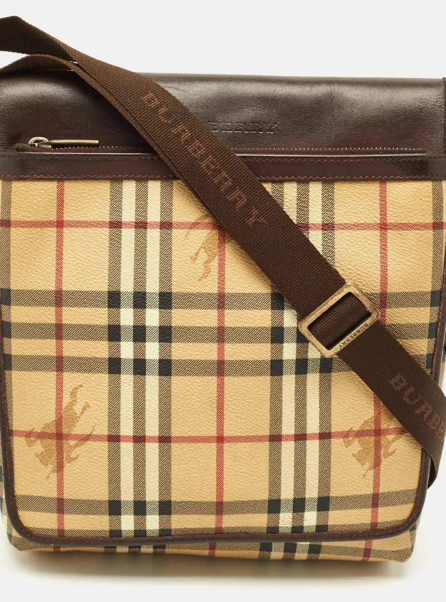 Burberry Brown/Beige Haymarket Coated Canvas Flap Messenger Bag