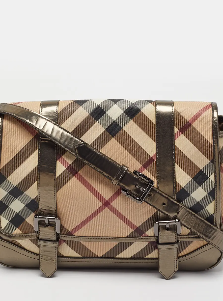 Burberry Newton Metallic/Beige Haymarket Patent Leather and PVC Messenger Bag