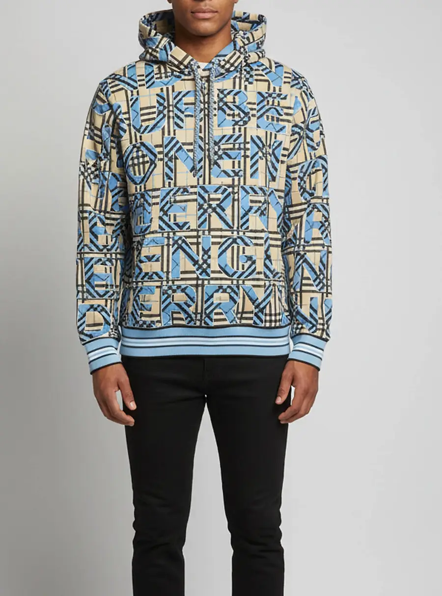 Burberry Beige/Blue Checked Logo Print Cotton Knit Hoodie M