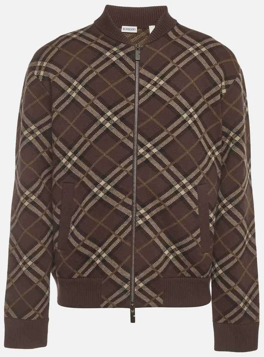 Burberry Truffle Brown Check Cashmere Blend Knit Zip-Up Bomber Jacket L