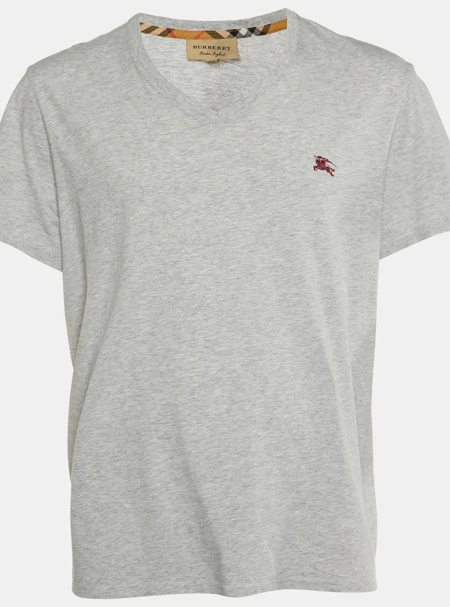 Burberry Grey Cotton V-Neck T-Shirt XXL