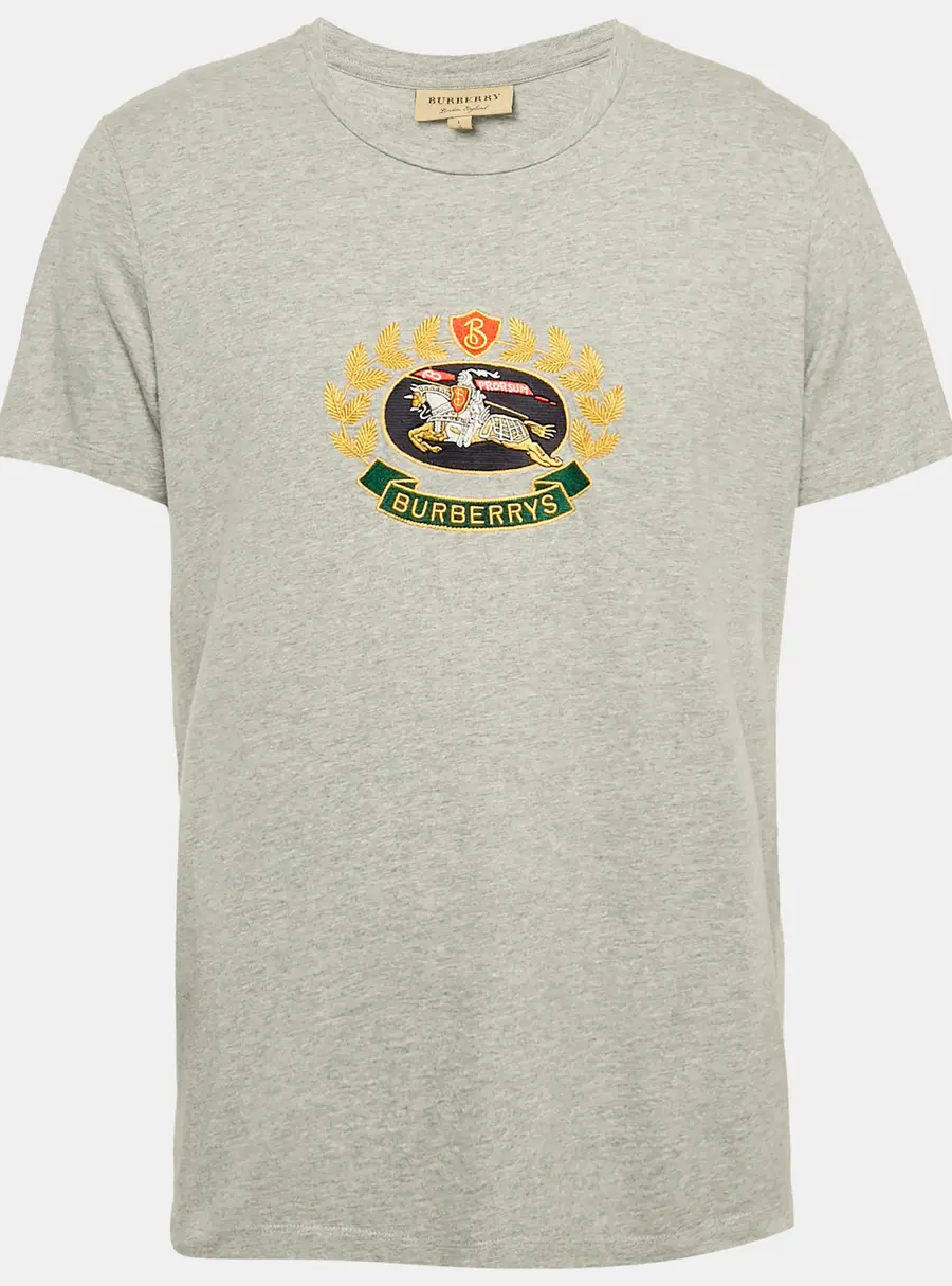 Burberry Grey Logo Embroidered Jersey T-Shirt L