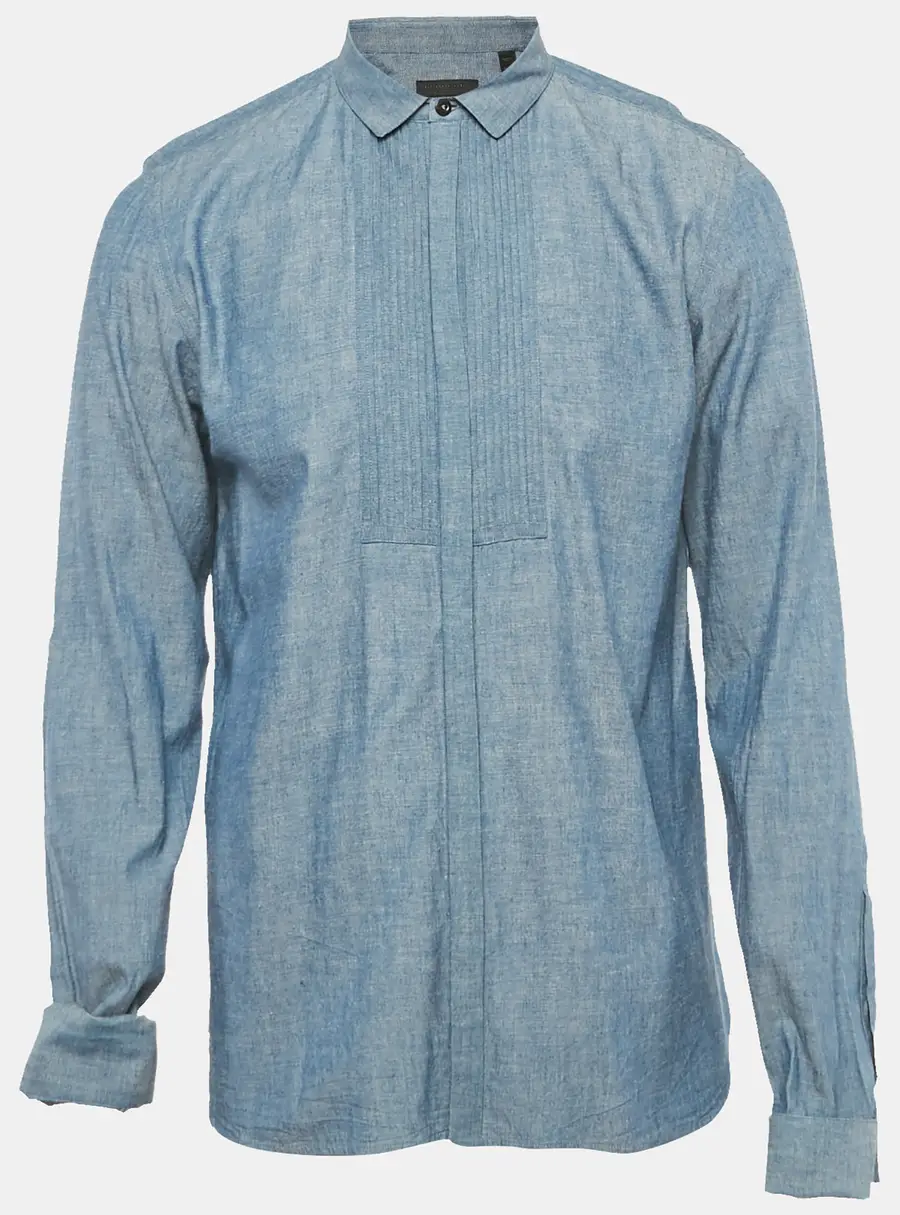 Burberry Blue Pintucks Chambray Double Cuff Shirt XL